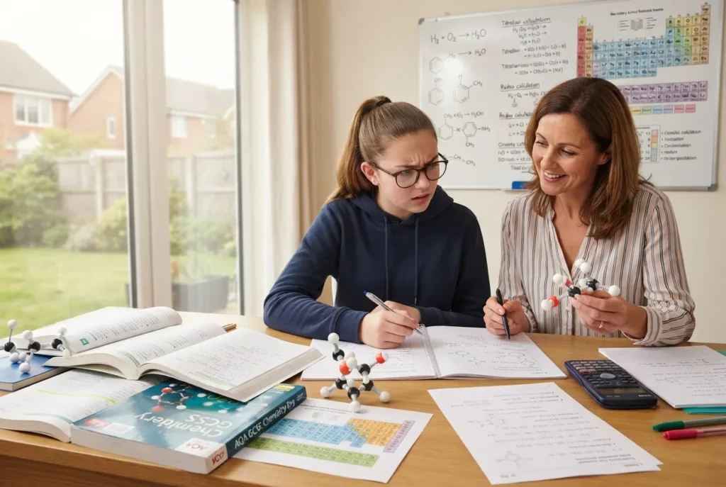 Students struggle with chemistry as a tutor explains molecular models and chemical concepts during a personalised one-to-one learning session.