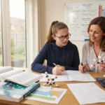 Students struggle with chemistry as a tutor explains molecular models and chemical concepts during a personalised one-to-one learning session.