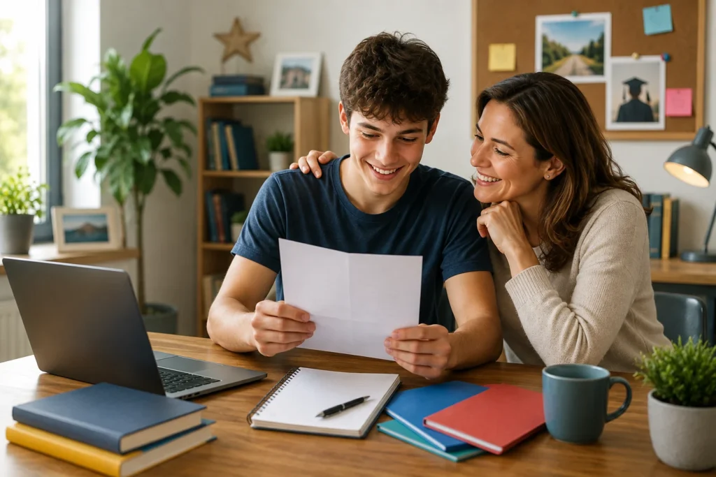 GCSE Results being reviewed by a student and parent at home
