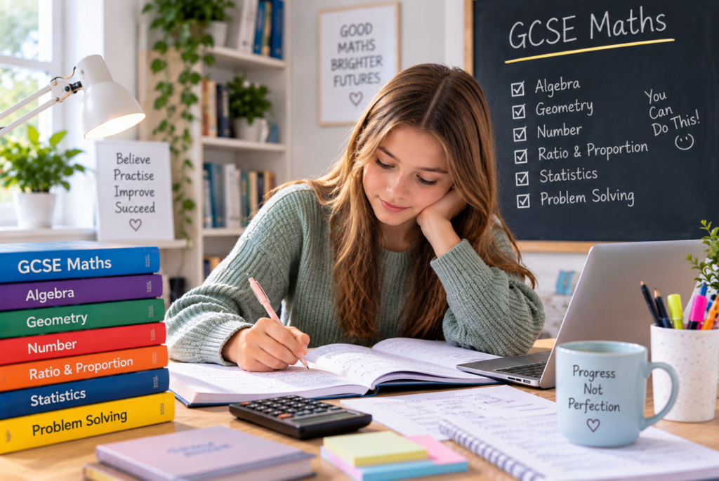 GCSE Maths tutoring session showing a student working on maths topics with guidance from a tutor.