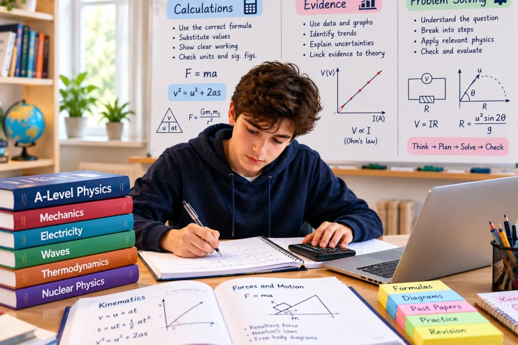 Student studying A-Level Physics with a calculator, physics textbooks, equations, graphs, circuit diagrams, and problem-solving notes on a whiteboard.