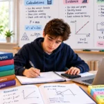 Student studying A-Level Physics with a calculator, physics textbooks, equations, graphs, circuit diagrams, and problem-solving notes on a whiteboard.