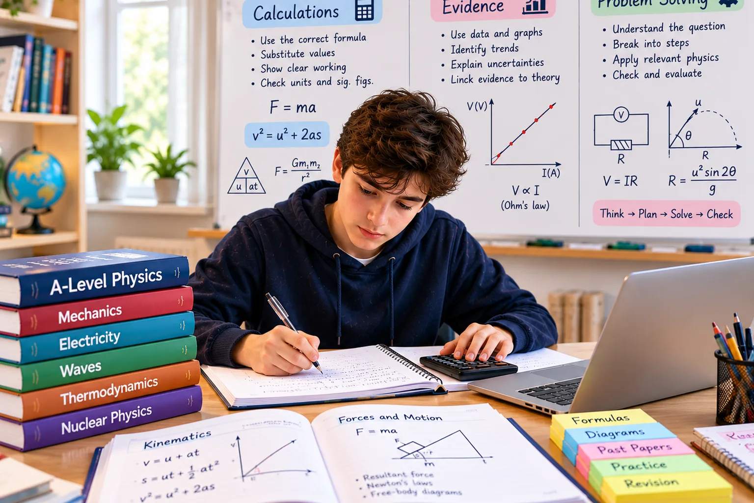 Student studying A-Level Physics with a calculator, physics textbooks, equations, graphs, circuit diagrams, and problem-solving notes on a whiteboard.