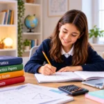 A schoolgirl practising maths questions at a desk with 11+ practice papers, mathematics books, a calculator, and study materials.
