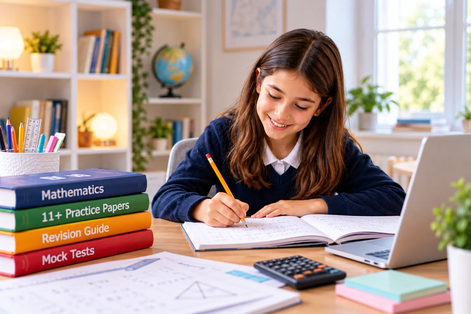 A schoolgirl practising maths questions at a desk with 11+ practice papers, mathematics books, a calculator, and study materials.