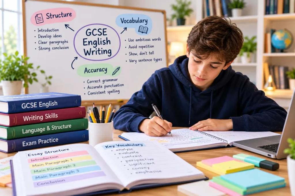 Student practising GCSE English Writing at a desk with essay notes, vocabulary revision, and a whiteboard covering structure, vocabulary, and accuracy.