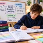 Student practising GCSE English Writing at a desk with essay notes, vocabulary revision, and a whiteboard covering structure, vocabulary, and accuracy.