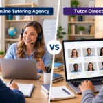 Online Tutoring Agency providing live online lessons with a tutor, compared with a tutor directory displaying tutor profiles on a laptop.