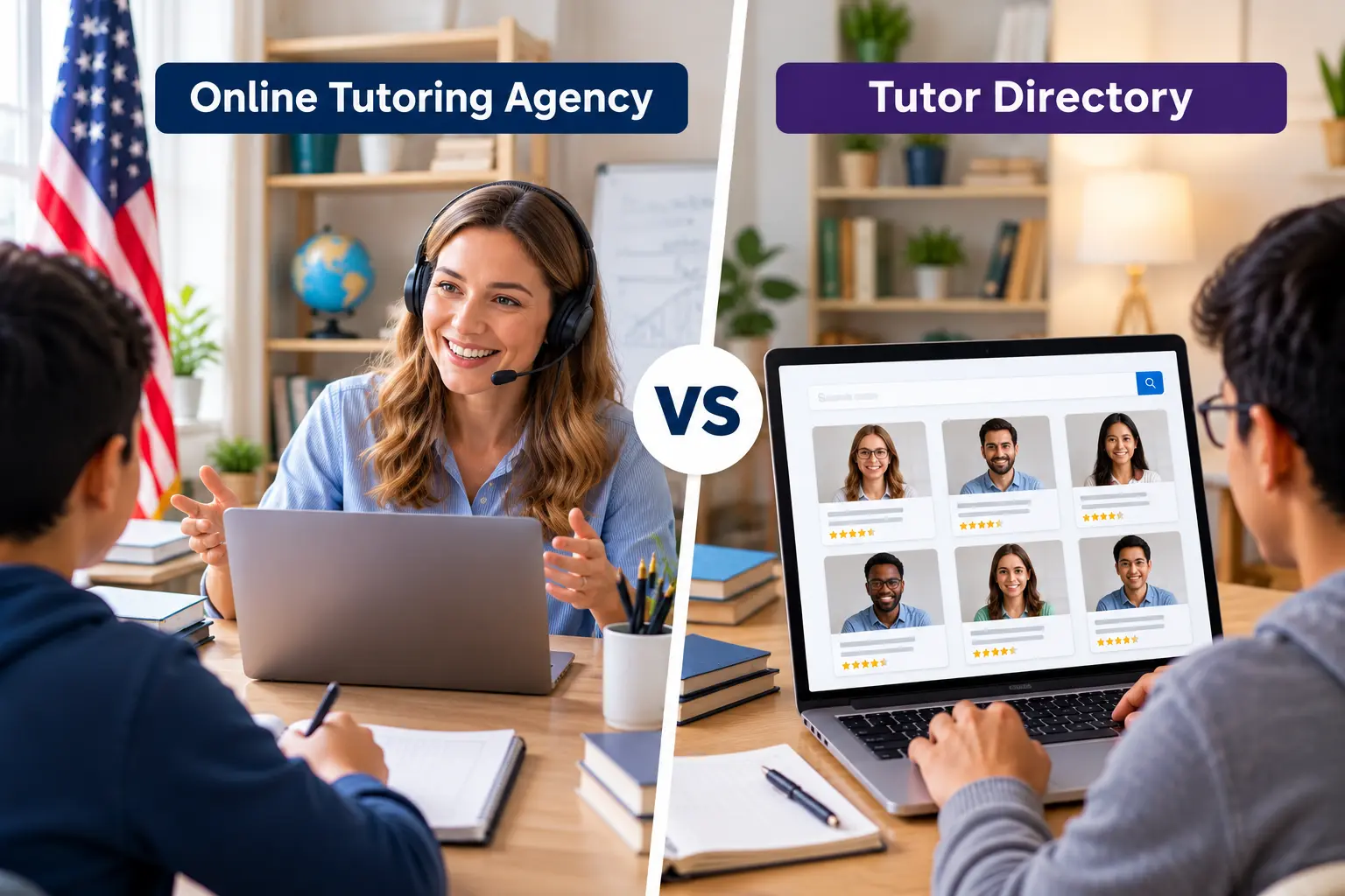 Online Tutoring Agency providing live online lessons with a tutor, compared with a tutor directory displaying tutor profiles on a laptop.