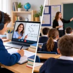 Online Maths Tutoring with a student learning mathematics from a tutor on a laptop, compared with a traditional classroom lesson.