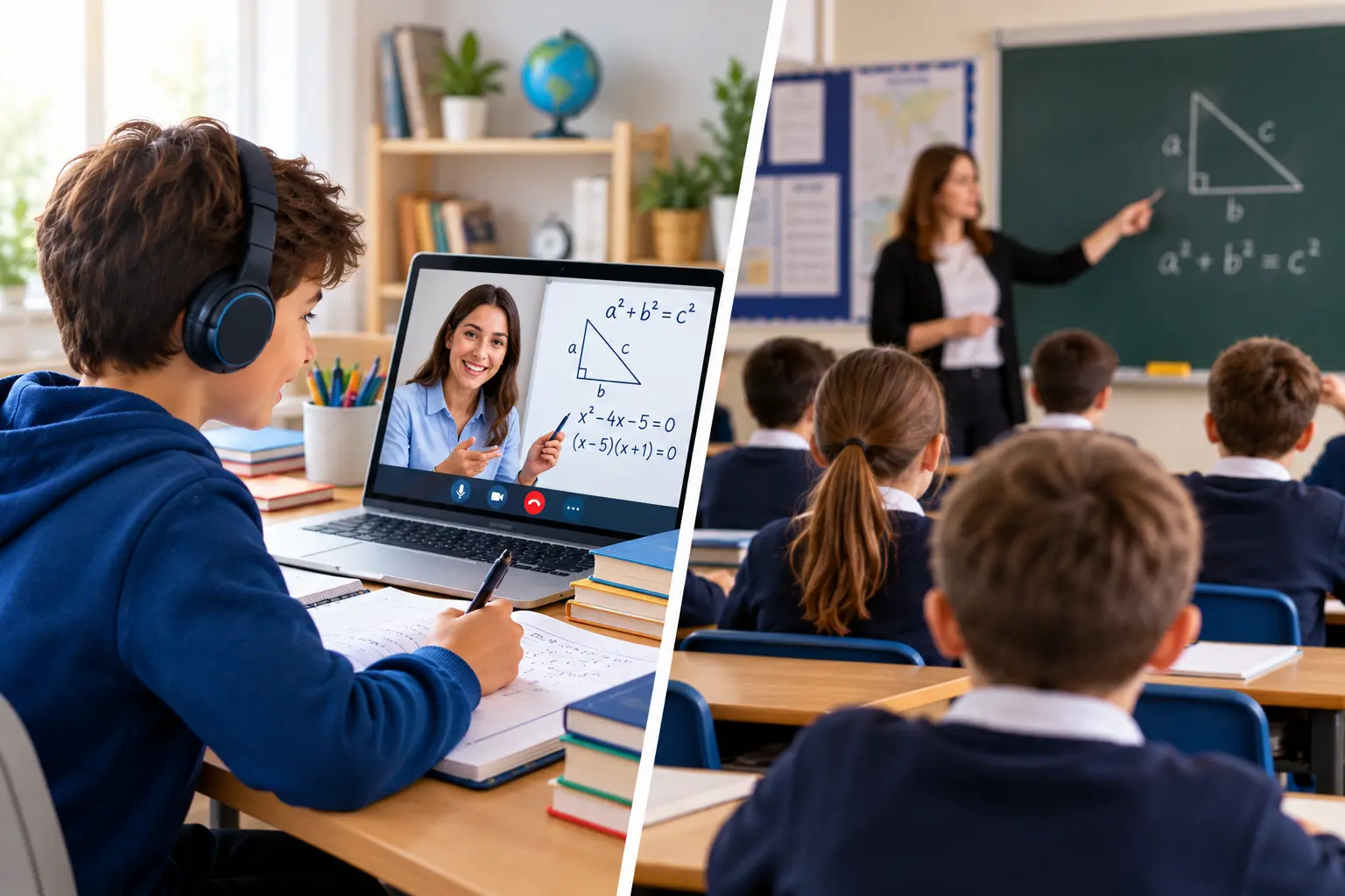 Online Maths Tutoring with a student learning mathematics from a tutor on a laptop, compared with a traditional classroom lesson.